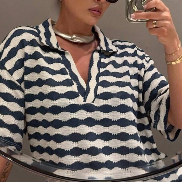 Blue Casual Women's Embellished Top & Pants Set - Picture 4 of 9